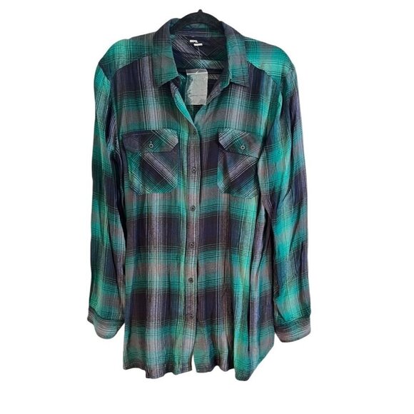 BDG Shirt Women L Green Collar Blue Plaid Buttons Fall Check Grunge Western Soft - Picture 1 of 9